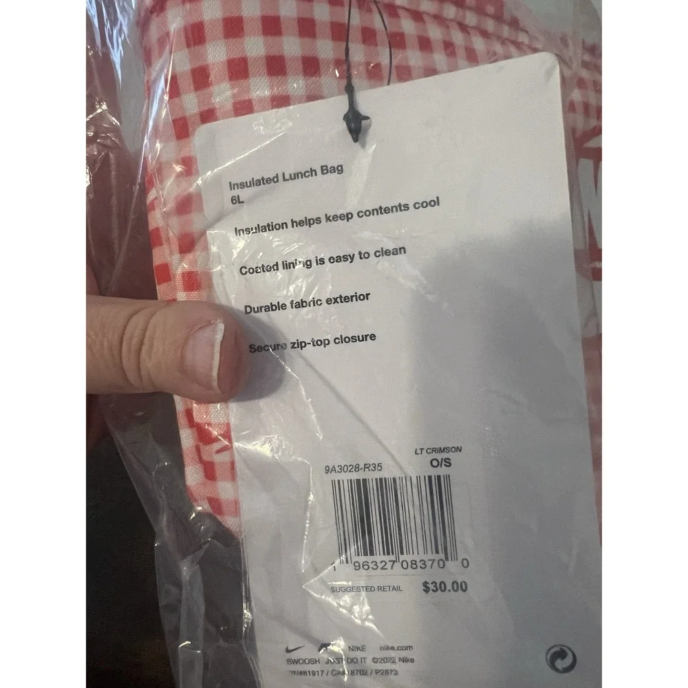 Nike Insulated Lunch Bag 6L Red White Gingham Cooler Tote New With Tags